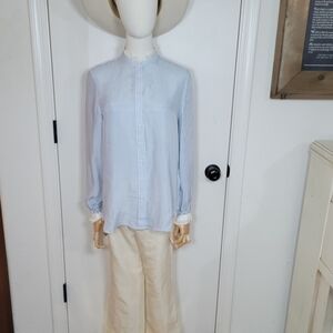 J. Crew Blue & White Striped Cupro Blend Button-Up Shirt Ruffle Trim Size Small